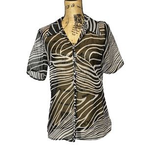 Short Sleeve Button Up Sheer Zebra Blouse S